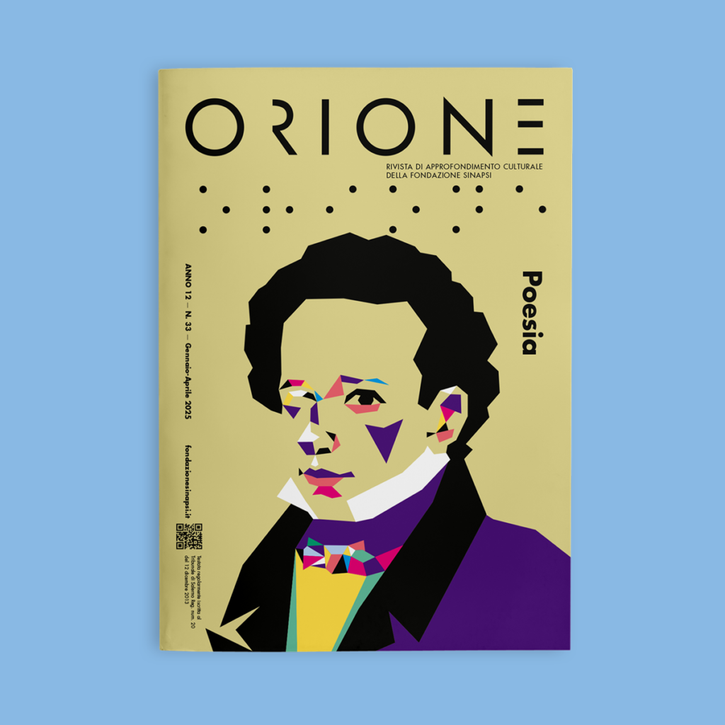 Orione 33 - Poesia - Fondazione Sinapsi - Illustrazione di copertina dal titolo “Omaggio a Giacomo Leopardi” di Bruna Pallante, Studio Motive. Viso di Giacomo Leopardi illustrato graficamente.